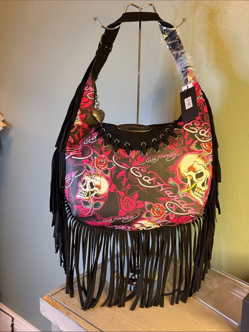 Ed Hardy Pink, Black & White Skull Fringe Shoulder Bag